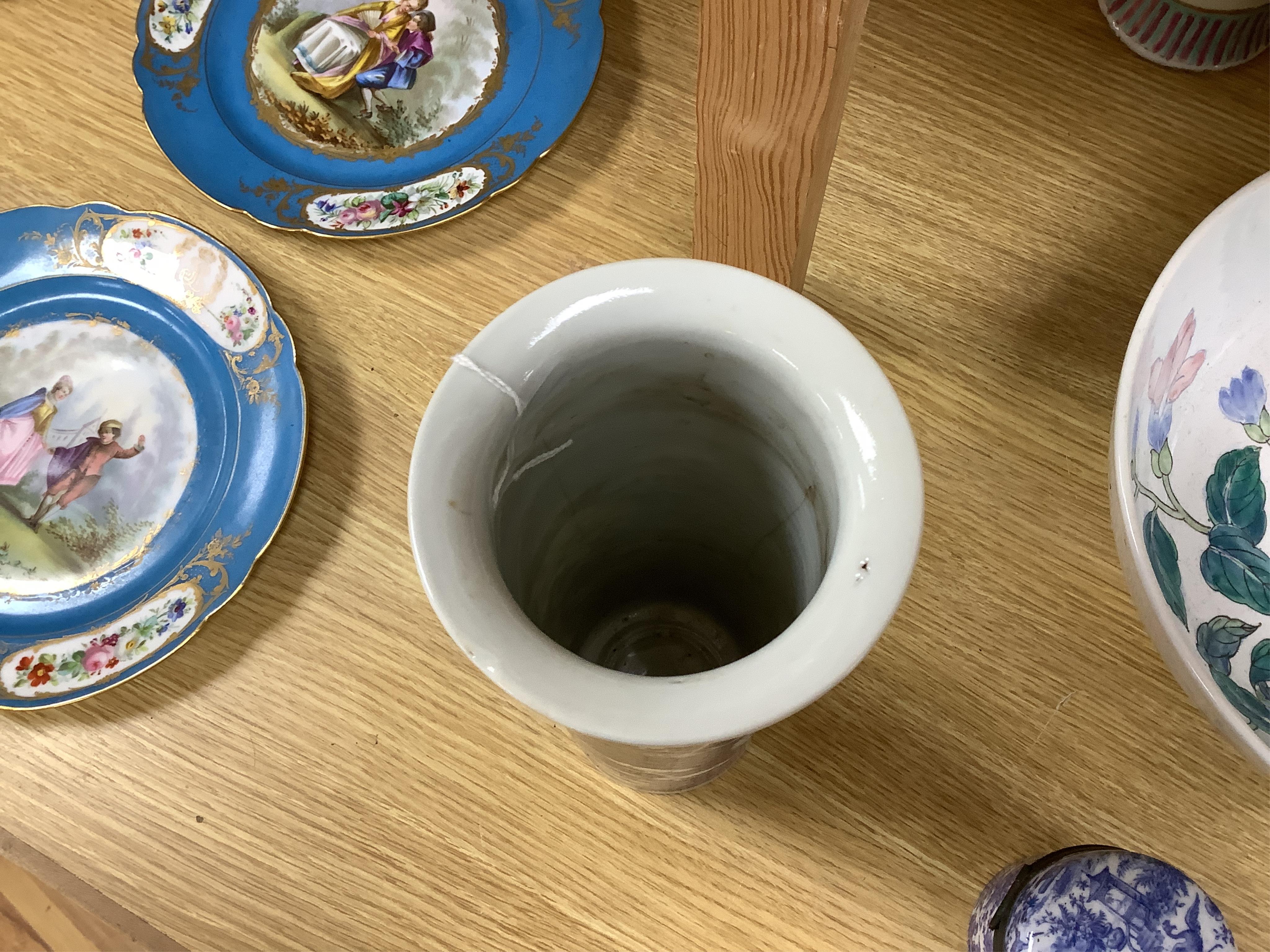 A collection of Chinese mixed ceramics, largest blue and white bowl 33cm diameter